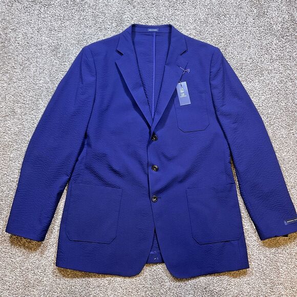 Stafford Sport Coat Blazer Suit Jacket 48L Blue Seersucker Stretch Wool Classic